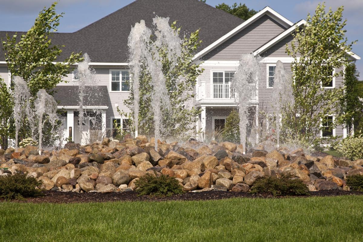 Townhomes behind the community fountain